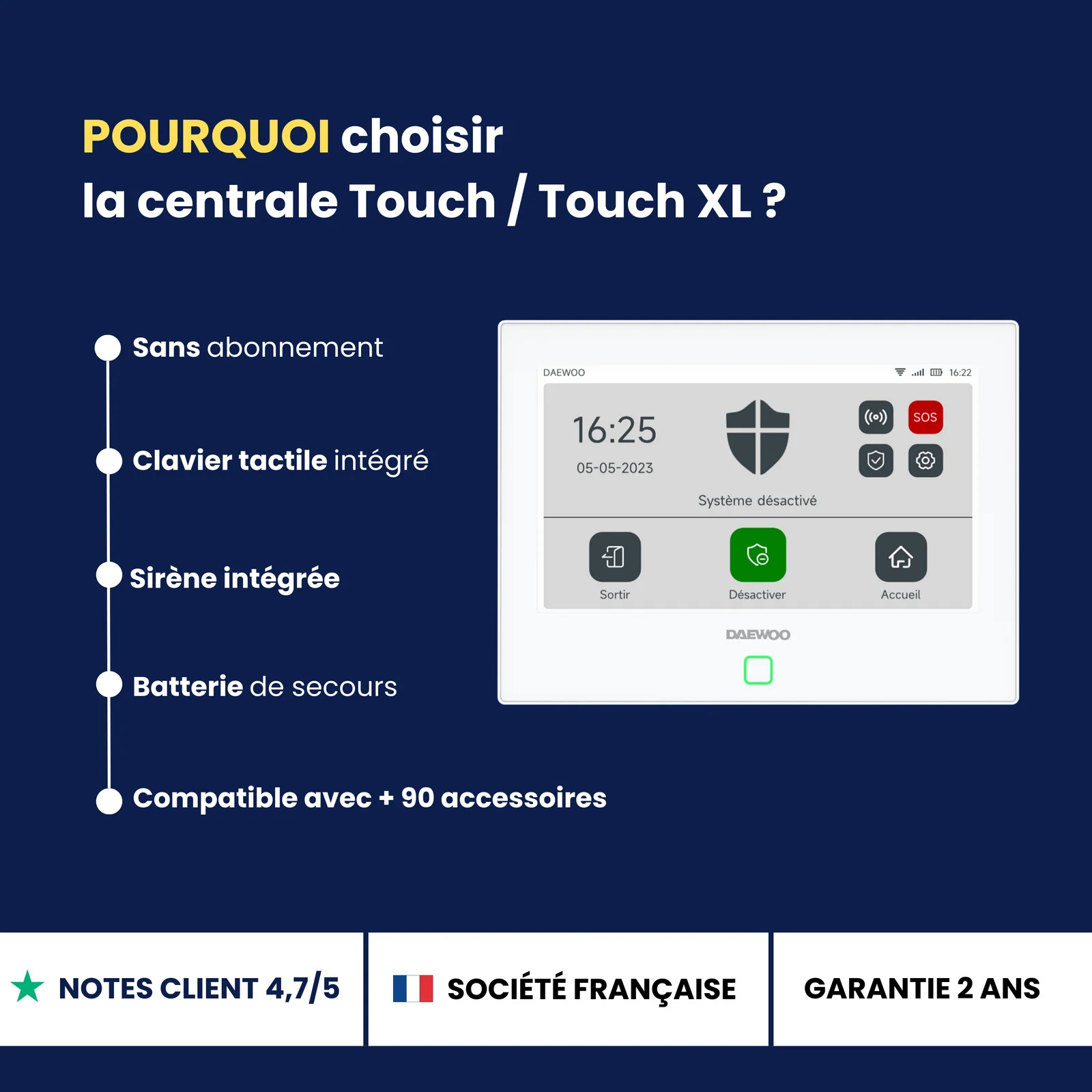 Pourquoi choisir la centrale Touch / Touch XL — sans abonnement, clavier tactile, sirène et batterie intégrées, compatible 90+ accessoires